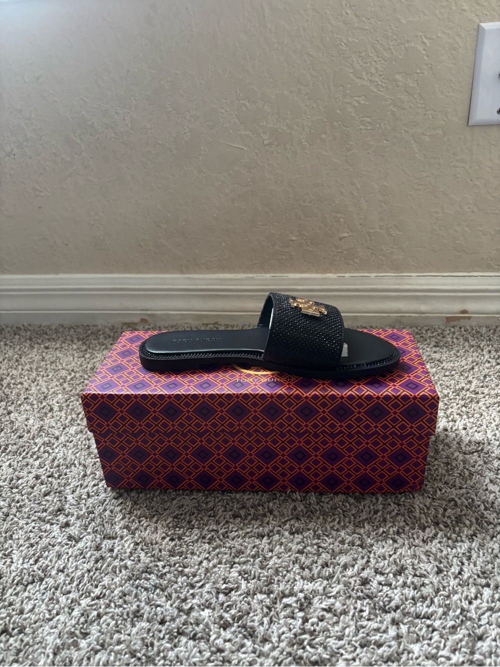 Tory Burch Black Leather rhinestone Logo Slide Sandals — Women's Slip-On - Picture 3 of 3